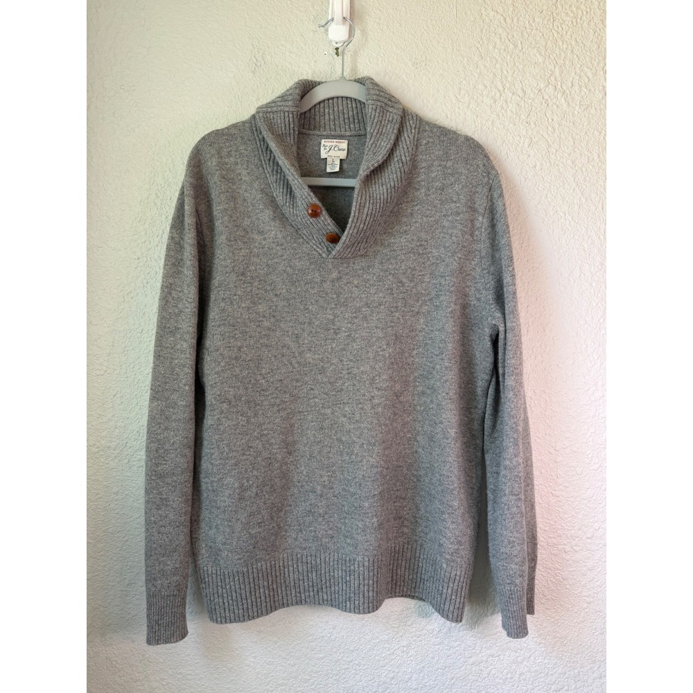 J.Crew Rugged Merino Wool Blend Shawl Collar Sweater Mens Large Heather Gray